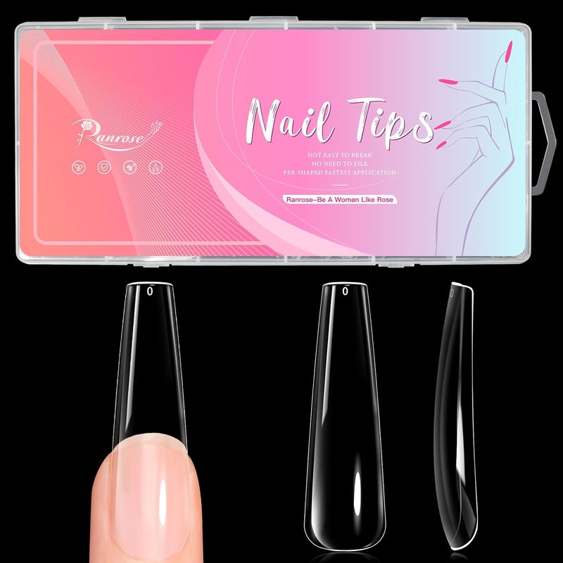 ranrose Long Coffin Nails Tips: 240pcs XXL Acrylic Nails Clear C Curve Coffin False Nail, Full Cover Fake Nails for Nail Extension, 12 Sizes - Image 1